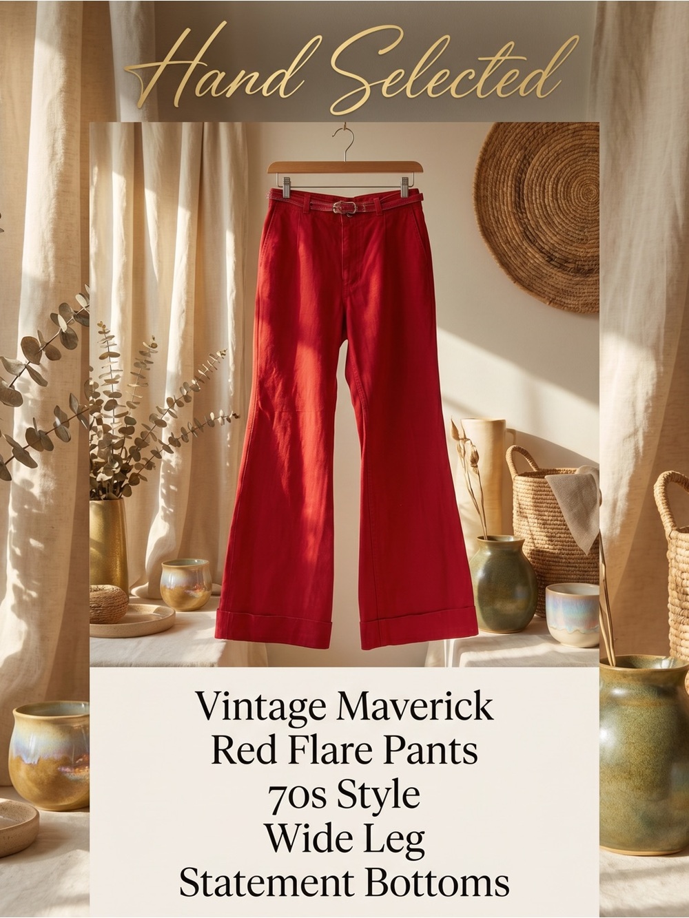 Maverick Vintage 70s Red Wide Leg Flare Cotton Twill Pants Made USA Mob Wife